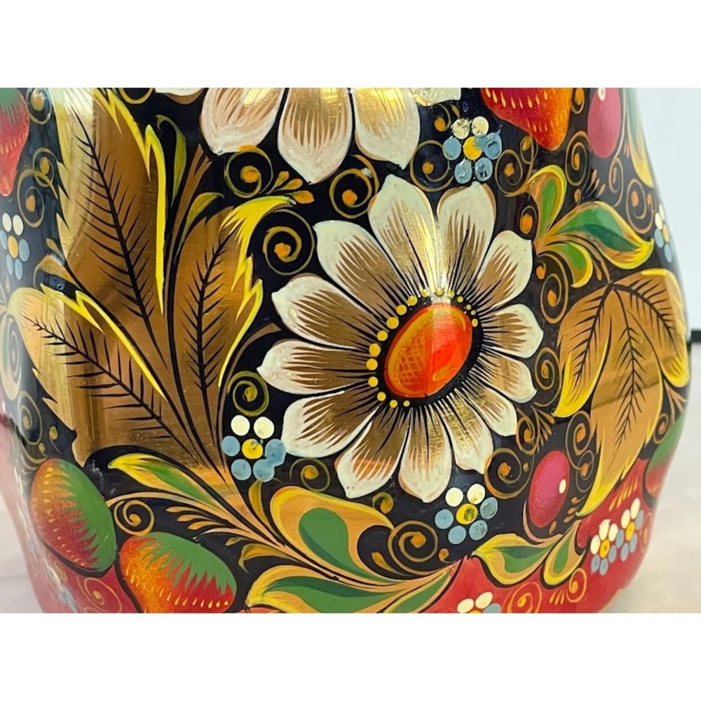 Vintage Russian Khokhloma Hand Painted Lacquer Floral Red Gold Jug Pitcher w Lid - Picture 6 of 16